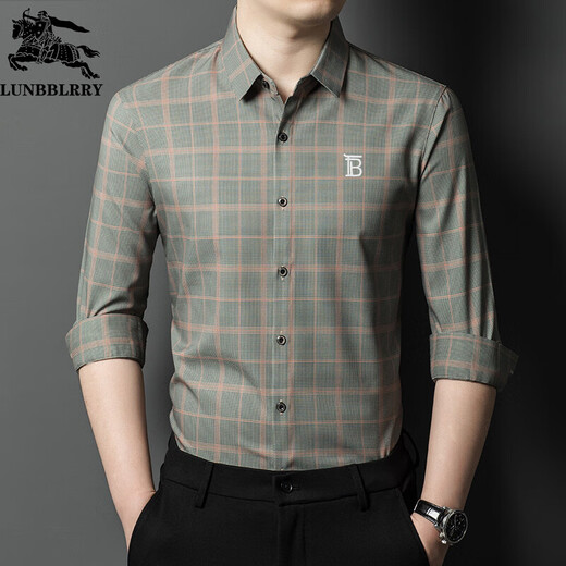 B PRORSUM Burberry men's long-sleeved shirt spring and autumn high-end casual business plaid shirt for men orange red M 165