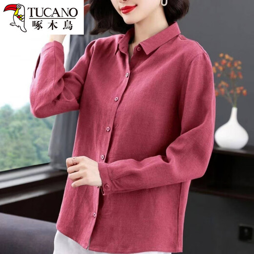 Woodpecker Cotton Shirt Women's Solid Color 2026 New Spring and Autumn Women's Loose Flesh Covering Shirt Shirt Women's Top Long Sleeve Leather Pink The size is too small. It is recommended to take a larger size S. It is recommended that 85-95Jin Jin equals 0.5 kg