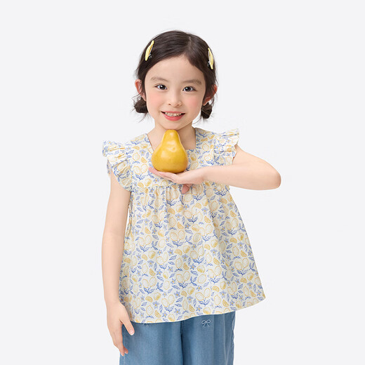 Xiaoyinman girls small flying sleeve baby doll shirt floral short-sleeved shirt 2026 summer new thin shirt blue 105
