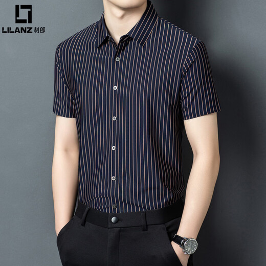 LILANZ vertical striped short-sleeved shirt men's summer thin fashion trend handsome shirt loose fashion casual top Shangqing XL 115
