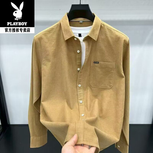 Playboy (PLAYBOY) 2026 Spring and Autumn Trendy Versatile Corduroy Real Pocket Men's Long-Sleeved Shirt Solid Color Business Casual Shirt for Men Khaki L