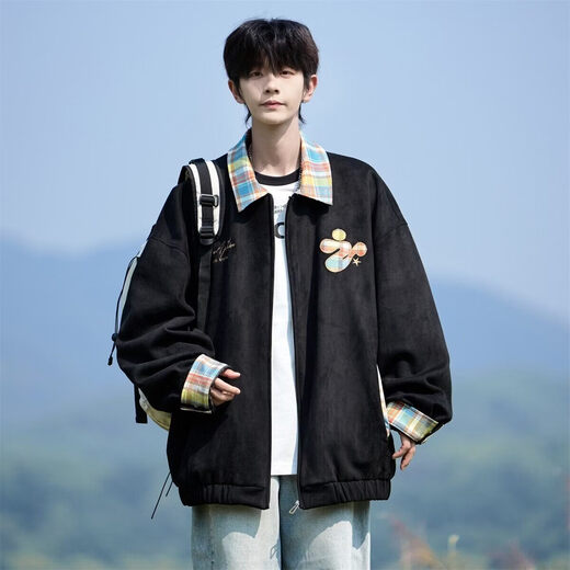 Shelley Jones American dopamine plaid spliced lapel jacket men's spring and autumn new trendy brand loose casual boys' jacket apricot M recommended 80-100Jin Jin equals 0.5 kg