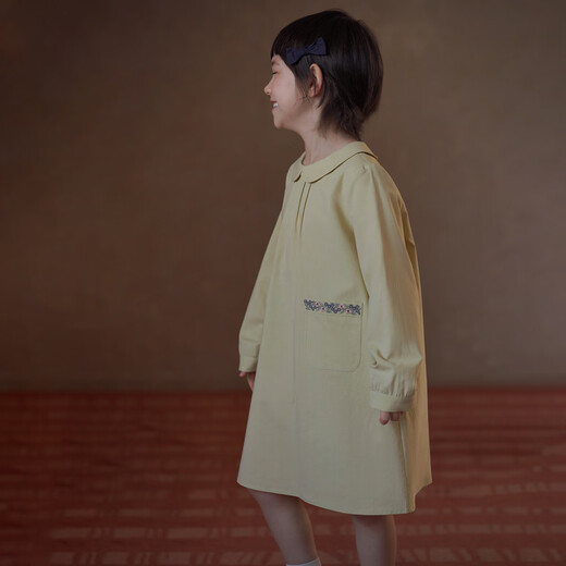 Haqi children's clothing children's spring clothing 2026 new yellow-green cotton and linen embroidered mid-length skirt girls long-sleeved dress medium-sized children yellow green 110