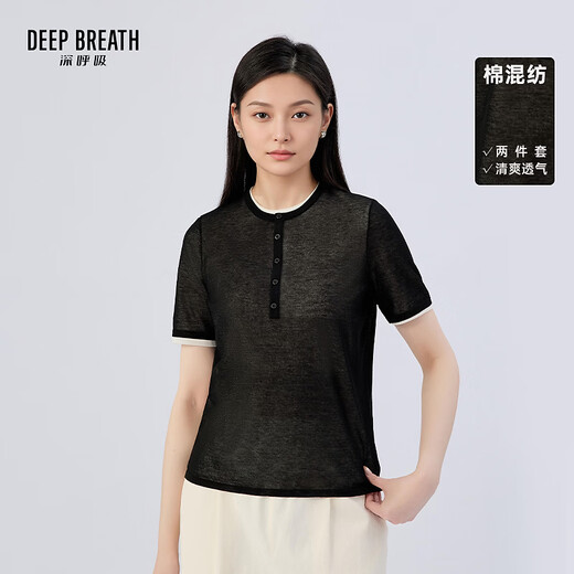Take a deep breath DEEP BREATH women's round neck solid color simple casual button two-piece set short-sleeved sweater A302243 black S (2)