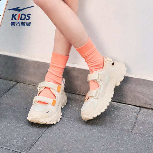 Hongxing Erke children's sandals, girls' shoes, summer 26 new breathable toe-cap sandals, soft soles, medium and large children's frame shoes | Manwu unbleached original color/custard gray 001 33