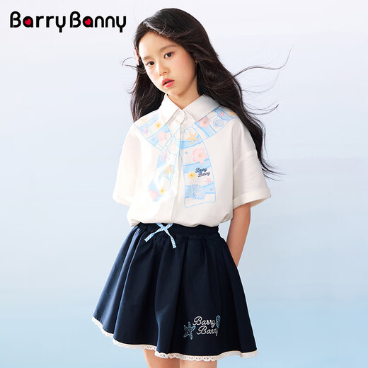 BARRY BANNY Girls 2026 Spring Loose Casual Medium and Large Children's Versatile Tops Printed Short-Sleeved Shirt Fresh Milk White 170