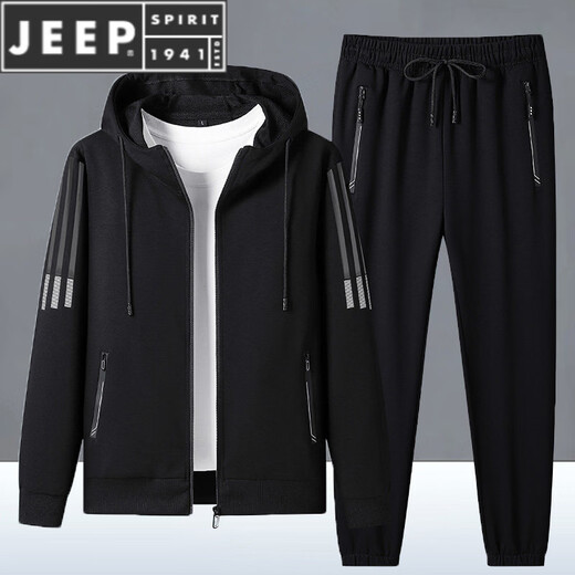 JEEP SPIRIT sports suit for men spring and autumn pure cotton new casual hooded cardigan large size sweatshirt running suit two-piece set black leg set public version A651-235 L 90-110Jin Jin is equal to 0.5 kg