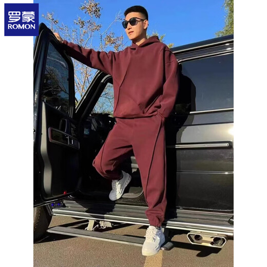 ROMON spring and autumn new versatile casual suit men's fashionable age-reducing casual hooded sweatshirt trendy brand leggings sweatpants for men black suit plus velvet M 90-125Jin Jin equals 0.5 kg