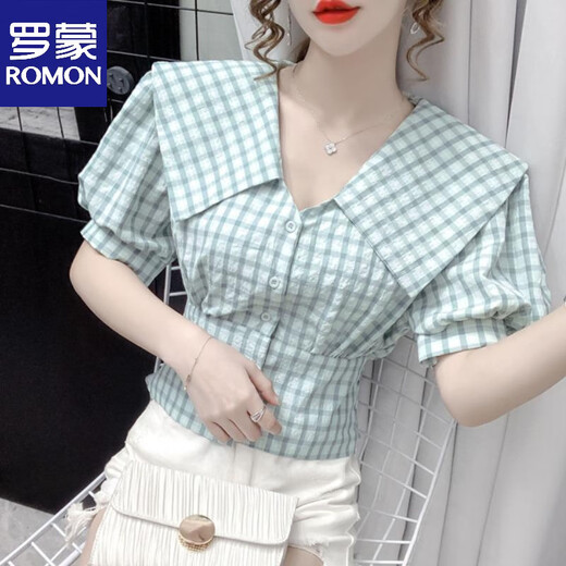 ROMON 2026 New Summer Doll Collar Puff Sleeve Plaid Shirt Women's Design Niche Waist Short French Top Green 3XL