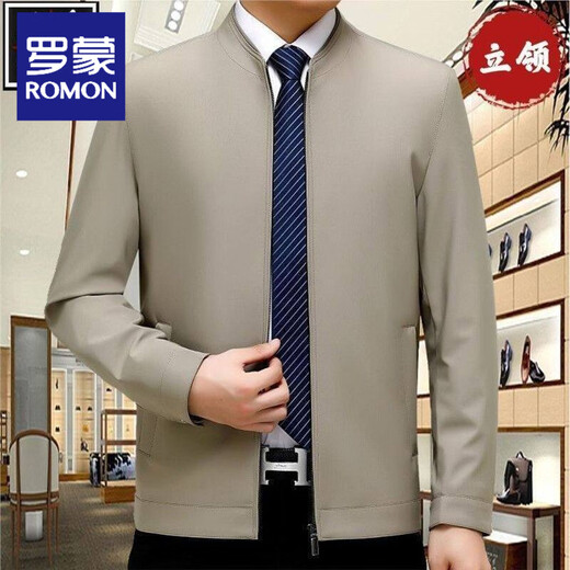 ROMON business loose middle-aged and elderly coat jacket lapel stand collar large size men's clothing men's spring and autumn new style leader khaki stand collar 2XL 185 size recommendation 150-170Jin Jin equals 0.5 kg