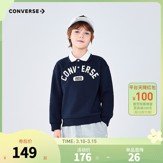 Converse Converse long-sleeved polo shirt for boys and girls 2025 new autumn retro printed children's loose and breathable top Navy blue 130/64 Recommended height 116-122cm