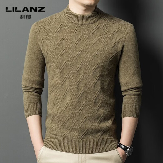 LILANZ Autumn and Winter 480g 100% Wool Sweater Men's Round Neck Thickened Warm Pullover Middle-aged and Elderly Thick Sweater Bottoming Shirt Heart Camel Thickened 14XL (180)