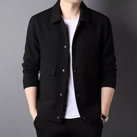 LILANZ Spring and Autumn Lapel Work Jacket Men's Waffle Solid Color Knitted Jacket Light Business Commuting Casual Men's Top Bean Green Regular Style) yy-858 XL