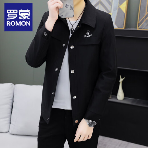 ROMON Spring and Autumn Men's Top Slim Lapel Youth Jacket Korean Style Trendy Versatile Fashion Casual Jacket 1-2-703 Black M