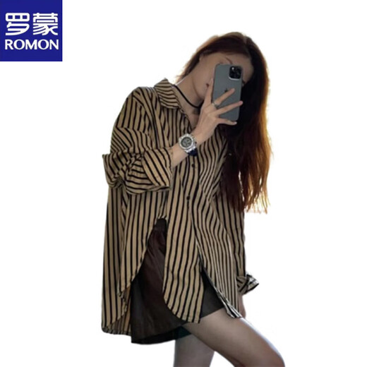 ROMON salt style brown striped shirt women's spring retro design lapel stacked shirt casual long-sleeved top khaki striped shirt S