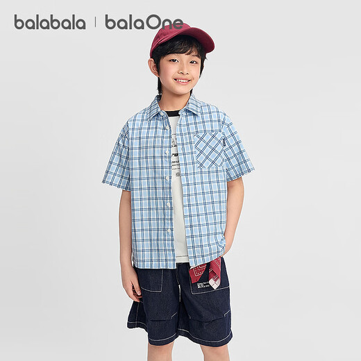 BALABALA balaOne boys short-sleeved shirt children's big children's shirt 2026 new summer pure cotton blue tone 00488 110