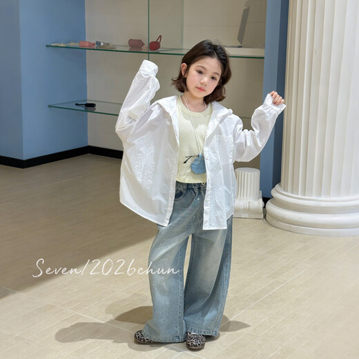 SEVEN BOBI No. 7 Children's Warehouse Girls' Korean Style White Hooded Sun Protection Shirt Spring New Fashion Style Loose Long Sleeve Top Trendy White Ready Stock 110 cm