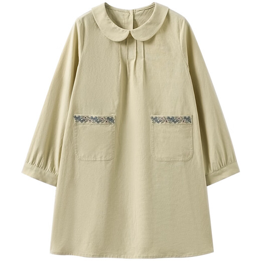 Haqi children's clothing children's spring clothing 2026 new yellow-green cotton and linen embroidered mid-length skirt girls long-sleeved dress medium-sized children yellow green 110