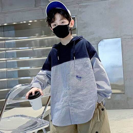 JNJKQA boys spring long-sleeved T-shirt spring and autumn 2024 new boys hooded fake two-piece shirt trendy stripes blue high quality buy with confidence 170
