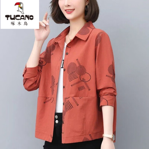 Woodpecker (TUCANO) Mom Age Reduction Fashion Printed Shirt Women's Long Sleeve 2026 Spring and Autumn New Loose Casual Western Style Shirt Jacket Brick Red L 95-115Jin Jin is equal to 0.5 kg