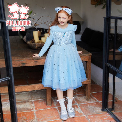 Fuluo Mi girls dress children's skirt autumn new high-end fashion good-looking birthday little girl princess dress blue 140