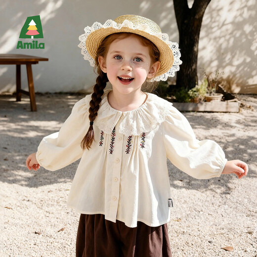 AMILA Spring New 2026 Girls Sweet Lotus Leaf Collar Shirt Children's Cotton Shirt Spring and Autumn Pastoral Style Beige 100