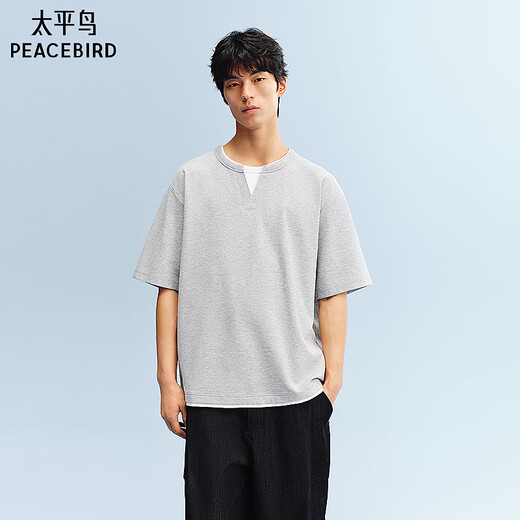 PEACEBIRD Men's Henley Collar Heavy Waffle Short Sleeve T-shirt 2026 Summer New Contrast Color Splicing T-shirt Wet Cold Gray First Batch Expected to Ship on March 15th L