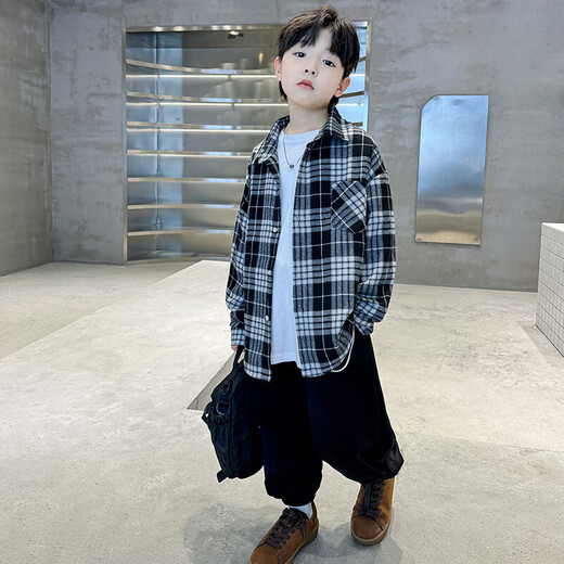 Children's clothing boys' shirts spring and autumn 2026 new spring clothing big children plaid boys spring coat shirt trend black 160