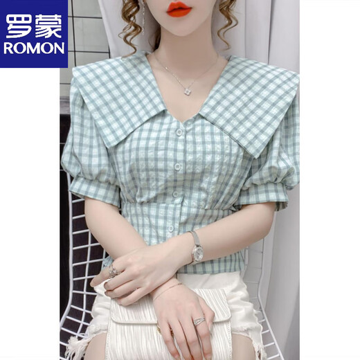 ROMON 2026 New Summer Doll Collar Puff Sleeve Plaid Shirt Women's Design Niche Waist Short French Top Green 3XL