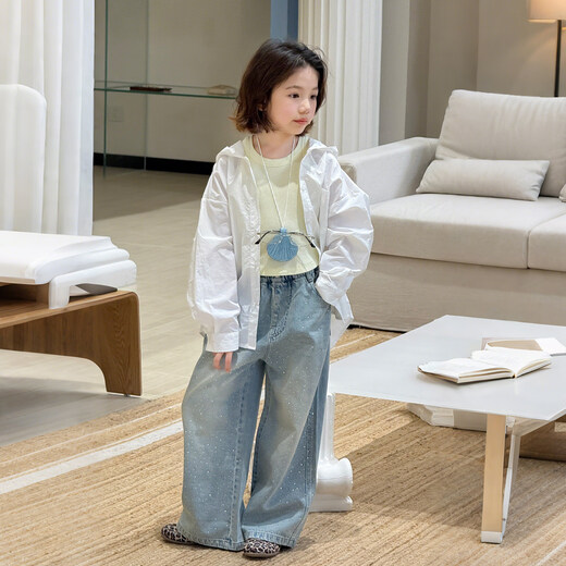 SEVEN BOBI No. 7 Children's Warehouse Girls' Korean Style White Hooded Sun Protection Shirt Spring New Fashion Style Loose Long Sleeve Top Trendy White Ready Stock 110 cm