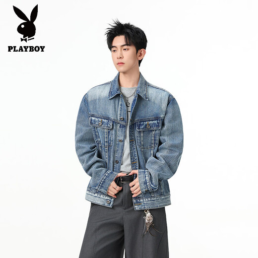 Playboy (PLAYBOY) Heavy Washed Double Cut Line Denim Jacket Men's Short Three-dimensional Profile Shoulder Pad Workwear Lapel Jacket Top Blue S