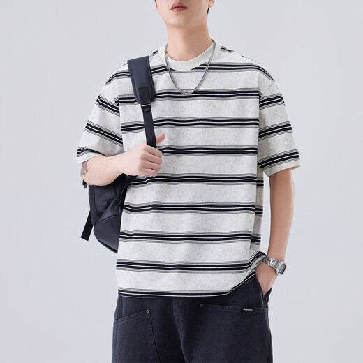 Baleno S&K striped short-sleeved T-shirt for men 2026 summer new American casual loose trendy brand men's top black L recommended 110-130Jin Jin equals 0.5 kg
