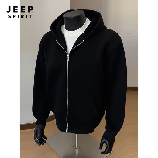 JEEP SPIRIT Black Heavy Cardigan Thick Cotton T Men's 2026 Spring and Autumn New Double-Headed Zipper Jacket American Hoodie White Gray XL 135-150Jin Jin is equal to 0.5 kg