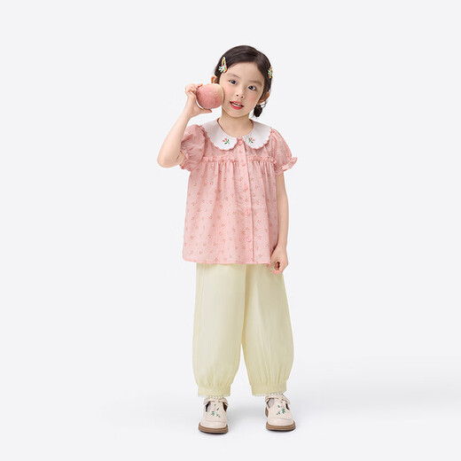 Xiaoyinman baby girl short-sleeved shirt thin section 26 summer girls cute doll collar floral puff sleeve plaid shirt pink 140