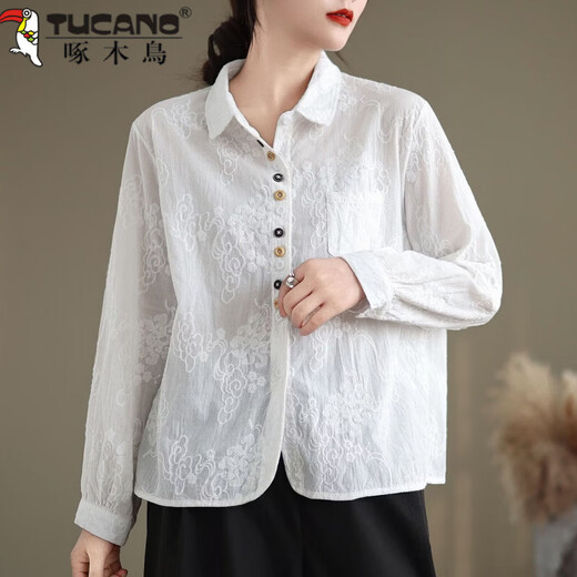 Woodpecker long-sleeved shirt with oriental charm, versatile and gentle temperament for women, auspicious cloud embroidery, retro literary niche women's jacket, white M 80-120Jin Jin is equal to 0.5 kg