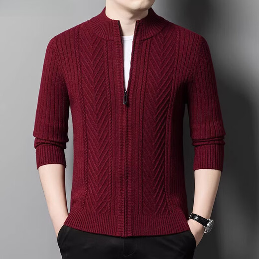 K-Boxing men's autumn and winter wool sweater knitted cardigan sweater stand collar zipper jacquard middle-aged dad casual jacket camel M 165