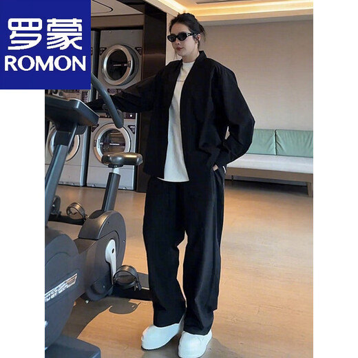 ROMON Summer Solid V-neck Jacket Casual Pants Men's and Women's Two-piece Loose Casual Sports Suit Black Suit Top + Pants M -130Jin Jin equals 0.5kg