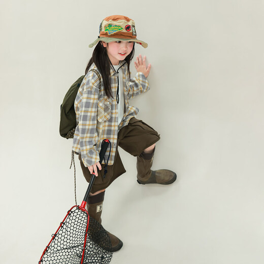 UTOUTO Big Ear Elephant Girls Lapel Plaid Shirt 2026 Spring New Baoer Pure Cotton Workwear Retro Style Long Sleeve Top Gray Blue Check Spot 150