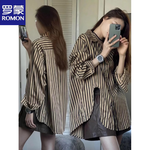 ROMON salt style brown striped shirt women's spring retro design lapel stacked shirt casual long-sleeved top khaki striped shirt S
