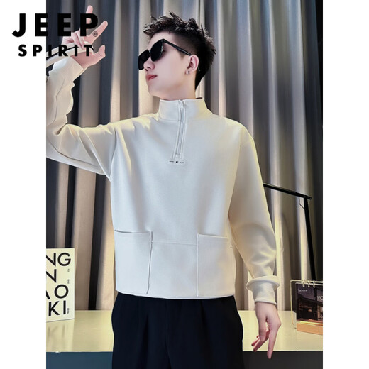 JEEP SPIRIT半高领卫衣男春秋季拉链T恤痞帅长袖体恤2026新款男装上衣潮t外套 白色 M 建议120斤以内