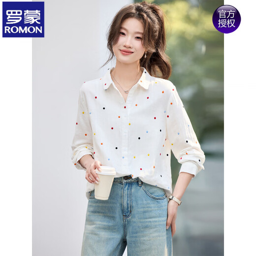ROMON high-end colorful polka-dot shirt for women 2026 spring long-sleeved lapel shirt top white M 90-130Jin Jin equals 0.5 kg