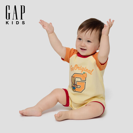 Gap Gap Infant and Toddler 2026 Spring New Logo Print Contrast Color Short-Sleeved Jumpsuit Children's Romper 867610 Goose Yellow 66cm (3-6 Months) Asian Size