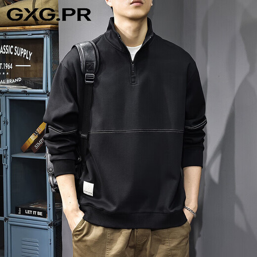 GXG.PR2026 Autumn American half-zip stand-up collar sweatshirt men's design stitching retro heavyweight loose long-sleeved POLO shirt black M suitable weight 100-120Jin Jin equals 0.5 kg