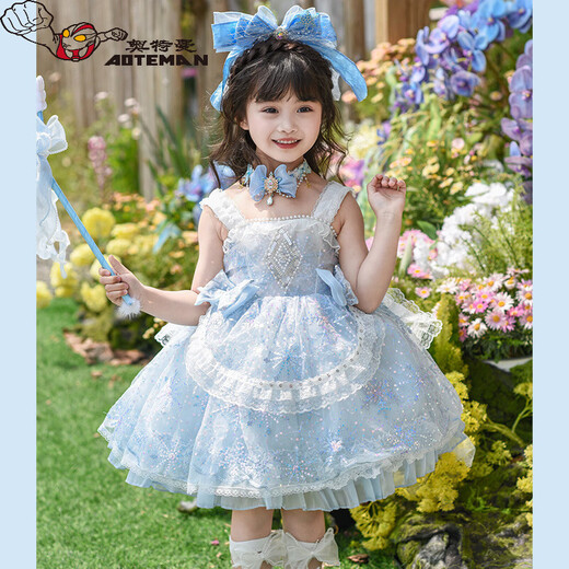 Ultraman Girls' Elsa Dress Summer 2026 New Little Girls Birthday Dress Children's Elsa Lolita Princess Dress Blue (Slip Skirt) 100 cm