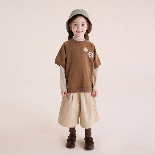 Yoona's Mom Girls 2026 Spring New Korean Style Simple Patch Short Sleeve Children's Layer Top Baby T-Shirt Trendy Coffee Color Ready Stock 150