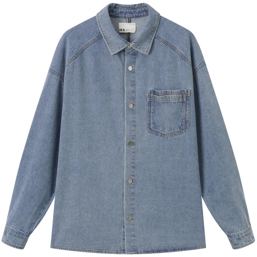 RIVERSTONE Men's Wide Patch Pocket Distressed Denim Shirt 2026 Spring New Men's Simple Lapel Jacket Fashion Denim Blue S/165