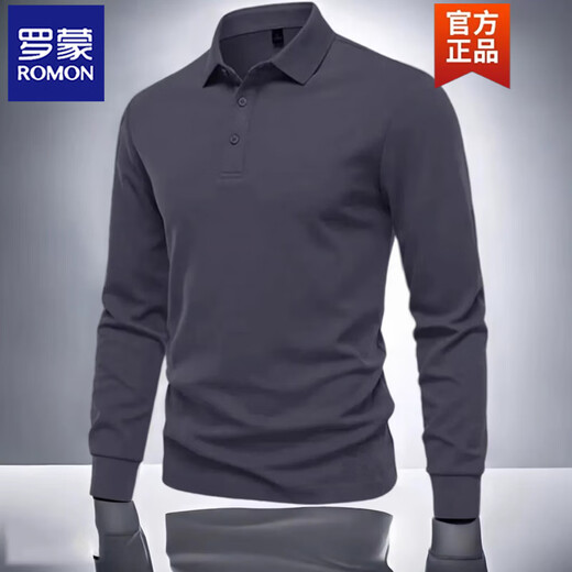 ROMON spring and autumn long-sleeved T-shirt men's polo shirt business casual large size solid color casual top men's base layer navy blue 1 piece XL recommended 135-155 Jin Jin equals 0.5 kg