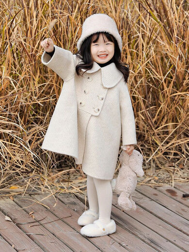 Disney Korean Children's Woolen Coat 2025 Autumn and Winter Baby and Middle-aged Children's Woolen Thick Woolen Coat Windbreaker Beige Gray Thick Woolen Coat 110 (Follow the store for priority delivery)