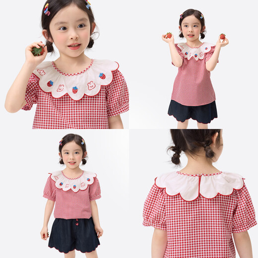 Xiaoyinman children's clothing girls cartoon wave collar shirt breathable 26 years old children's loose casual short-sleeved top