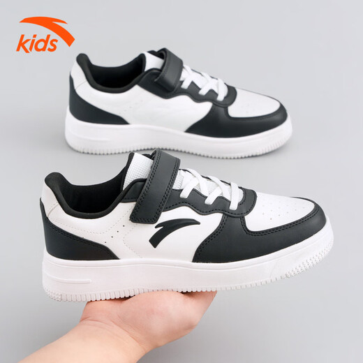 ANTA small white shoes, children's sneakers, boys and girls, middle-aged and adolescents, spring and autumn new student lightweight breathable sports shoes, white and black, panda color, size 33 (foot length 205mm)
